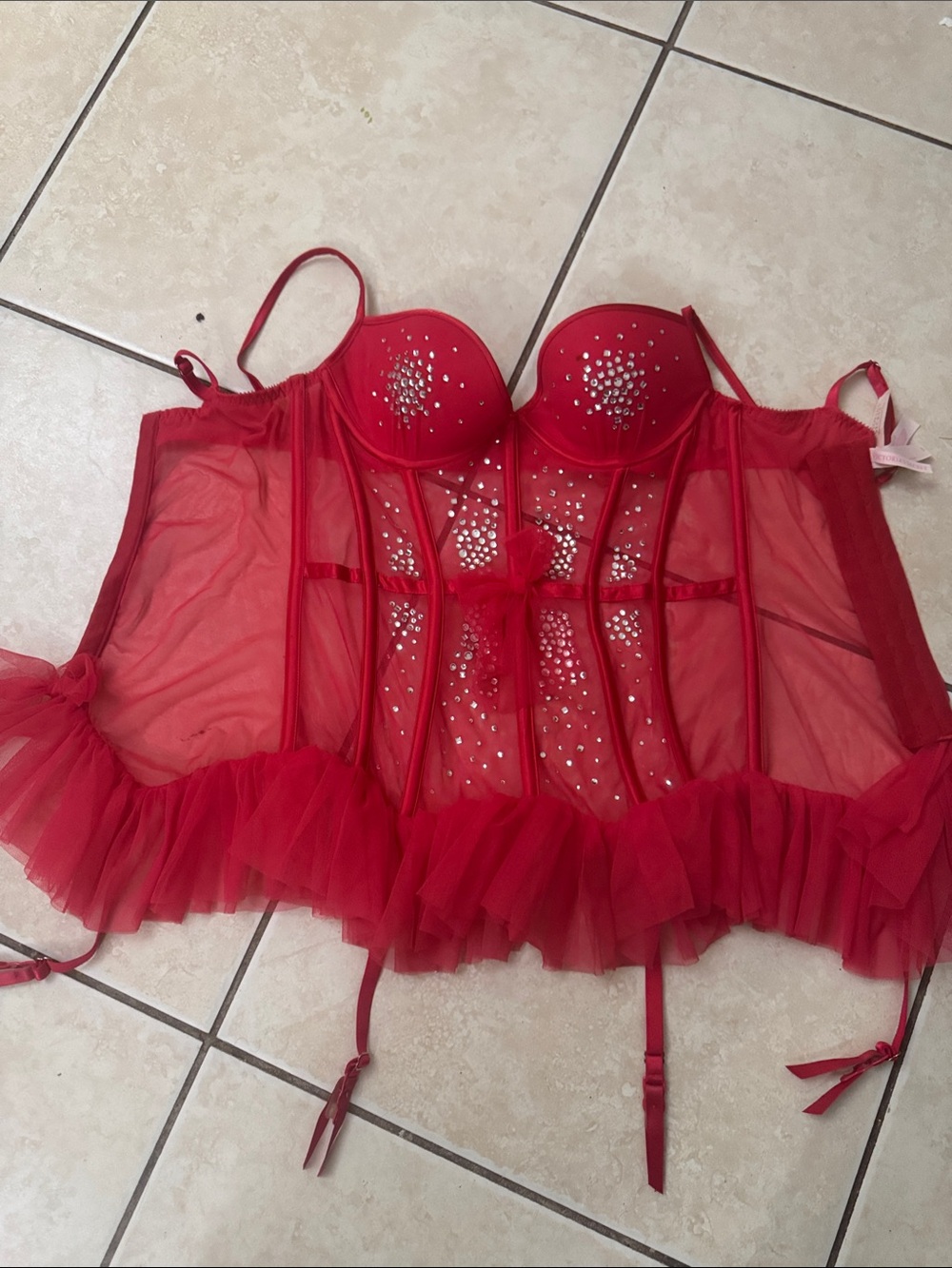 Red Rhinestone Mesh Bustier Corset with Garter Straps